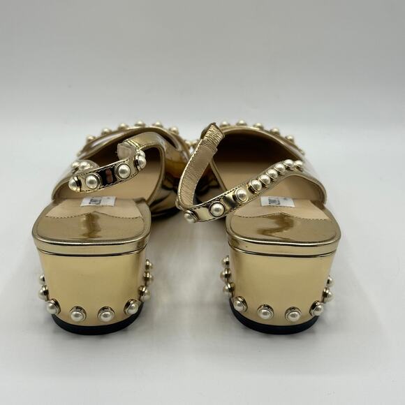 JIMMY CHOO Hya 45 Gold Metallic Slingback Heels Pearl Trim Square Sz 39.5 $995 - Picture 6 of 9